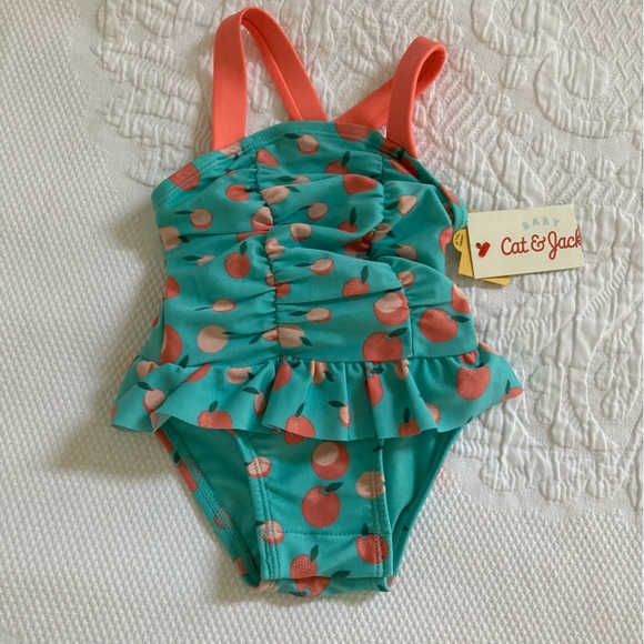 Cat & Jack Swim Nwt Cat Jack Girls Swimsuit Peach Aqua One Piece